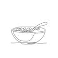 Single continuous line drawing of stylized bowl of cereal breakfast with fresh milk. Healthy whole wheat food concept. Modern one