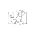 Single continuous line drawing of stylized chef man character mascot with thumbs up finger gesture logo label. Emblem restaurant