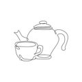 Single continuous line drawing of stylized clay ceramic teapot and porcelain cup of tea. Emblem beverage store concept. Modern one