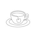 Single continuous line drawing of stylized cup of tea with teabag and drink coasters. Emblem tea shop logo concept. Modern one Royalty Free Stock Photo