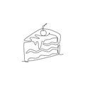 Single continuous line drawing of stylized cut sliced cake with cherry fruit topping art. Sweet pastry concept. Modern one line