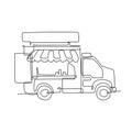 Single continuous line drawing of stylized food truck parking logo label. Mobile fast food restaurant concept. Modern one line