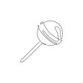 Single continuous line drawing of stylized round lollipop candy shop logo label. Emblem confectionery store concept. Modern one
