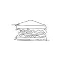 Single continuous line drawing of stylized sandwich logo label. Emblem fast food hot dog restaurant concept. Modern one line draw