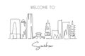 Single Continuous Line Drawing Of Suzhou City Skyline, China. Famous City Scraper And Landscape Wall Decor Poster. World Travel