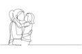 Single continuous line drawing sweet little girl is hugging and kissing her beautiful mom in cheek while sitting on bed at home. Royalty Free Stock Photo