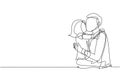 Single continuous line drawing sweet little girl is hugging and kissing her handsome daddy in cheek while sitting on bed at home. Royalty Free Stock Photo