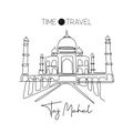 Single continuous line drawing Taj Mahal landmark. Historical beauty iconic place in Agra, India. World travel home decor wall art