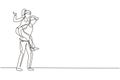 Single continuous line drawing teenage couple with man carrying woman on his back during music festival. Happy young romantic