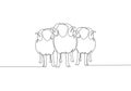 Single continuous line drawing of three sheeps lining up. Muslim holiday the sacrifice an animal to God, Eid al Adha greeting card