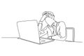 Single continuous line drawing tired office worker facing laptop screen. Businessman feeling bad. Holding head. Headache sick,
