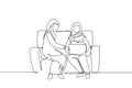 Single continuous line drawing two Arab woman with laptop sitting on sofa together. Freelance, distance learning, online courses, Royalty Free Stock Photo