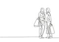 Single continuous line drawing two beauty happy women holding paper bags after shopping clothes, dress, make up, cosmetic at mall