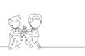 Single continuous line drawing two little boys fighting over a robot toy. Conflict between children. Kids sibling fighting in