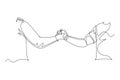 Single continuous line drawing of two men wearing shirt handshaking to show sportsmanship at match field. Teamwork together in Royalty Free Stock Photo