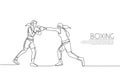 Single continuous line drawing two young agile women boxer practice fighting duel. Fair combative sport concept. Trendy one line