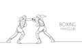 Single continuous line drawing of two young agile women boxer sparring in boxing ring. Fair combative sport concept. Trendy one