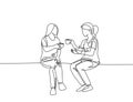 Single continuous line drawing of two young female worker have a casual chat over drink coffee during office break. Having small