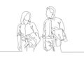 Single continuous line drawing of two young happy male and female workers get conversation together after office hour
