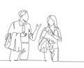 Single continuous line drawing of two young happy male and female workers get conversation together after office hour. Work small
