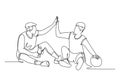 Single continuous line drawing two young happy men take a rest after playing basketball at court, giving high five gesture. Sport Royalty Free Stock Photo