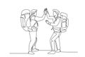 Single continuous line drawing of two young happy tourist carrying backpack to go to holiday and gives high five gesture.