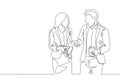 Single continuous line drawing of two young male and female startup founders have a business talk over soft drink. Business chat Royalty Free Stock Photo