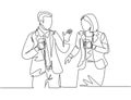 Single continuous line drawing of two young male and female startup founders have a business talk over soft drink. Business chat