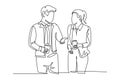 Single continuous line drawing of two young male and female startup founders have a business talk over soft drink. Business chat Royalty Free Stock Photo