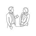Single continuous line drawing of two young male and female startup founders have a business talk over soft drink. Business chat