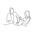 Single continuous line drawing of two young male and female startup founders have a business talk over soft drink. Business chat