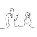 Single continuous line drawing of two young male and female startup founders have a business talk over soft drink. Business chat