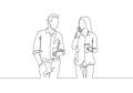 Single continuous line drawing of two young male and female worker holding paper cup drink and chatting during office break Royalty Free Stock Photo