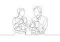 Single continuous line drawing of two young male workers have a casual chat over drink coffee during office break. Rest break Royalty Free Stock Photo