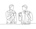 Single continuous line drawing of two young male workers have a casual chat over drink coffee during office break. Rest break at Royalty Free Stock Photo