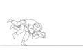 Single continuous line drawing of two young sportive judoka fighter men practice judo skill at dojo gym center. Fighting jujitsu,