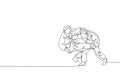 Single continuous line drawing of two young sportive judoka fighter men practice judo skill at dojo gym center. Fighting jujitsu, Royalty Free Stock Photo
