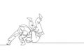 Single continuous line drawing of two young sportive judoka fighter men practice judo skill at dojo gym center. Fighting jujitsu, Royalty Free Stock Photo