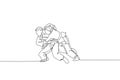 Single continuous line drawing of two young sportive judoka fighter men practice judo skill at dojo gym center. Fighting jujitsu,