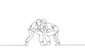 Single continuous line drawing of two young sportive judoka fighter men practice judo skill at dojo gym center. Fighting jujitsu, Royalty Free Stock Photo