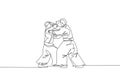 Single continuous line drawing of two young sportive man wearing kimono practice aikido technique woth sparring fight. Japanese