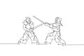 Single continuous line drawing of two young sportive men practicing kendo martial art skill on gym center. Sparring combat.