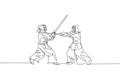 Single continuous line drawing of two young sportive men practicing kendo martial art skill on gym sport center. Sparring fight.