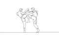 Single continuous line drawing of two young sportive men train fight sparring thai boxing at gym center together. Combative muay