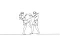 Single continuous line drawing of two young sportive men training thai boxing at gym club center. Combative muay thai sport