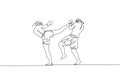 Single continuous line drawing of two young sportive men training thai boxing at gym club center. Combative muay thai sport