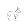 Single continuous line drawing of walking donkey for ranch logo identity. Tiny horse size mascot concept for donkey farm icon.