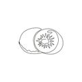 Single continuous line drawing of whole and half sliced healthy organic kiwi for orchard logo identity. Fresh tropical fruit Royalty Free Stock Photo