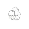 Single continuous line drawing of whole healthy organic spud potatoes for farm logo identity. Fresh food crop concept for vegan