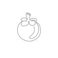 Single continuous line drawing whole round healthy organic mangosteen for orchard logo identity. Fresh fruitage concept for fruit